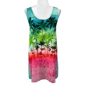 OP Ocean Pacific Ombre Green Palm Tree Strappy Back Cover Up Mini Dress Junior L